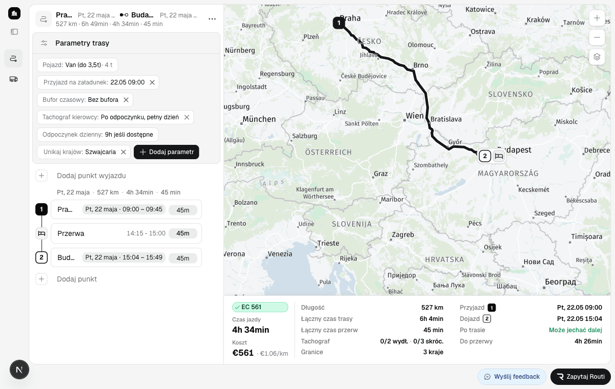 A working route with timing, costs, and vehicle context in one view.